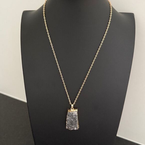 Black Druzy Quartz Pendant Necklace - Rough Crystal Nugget with Gilded Edge - Picture 3 of 7